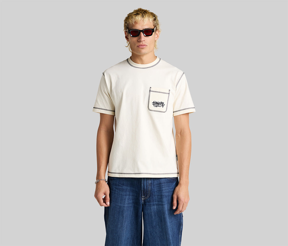 GRAFFITI EMBROIDERY POCKET TEE - NATURAL