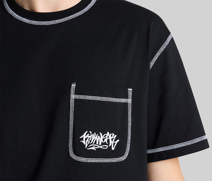 GRAFFITI EMBROIDERY POCKET TEE - BLACK