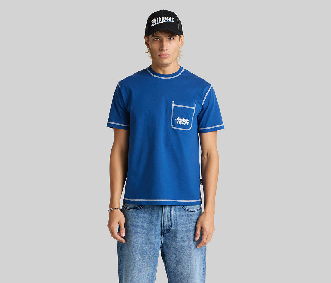 GRAFFITI EMBROIDERY POCKET TEE  - NAVY
