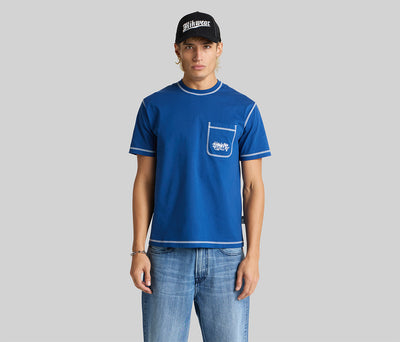 GRAFFITI EMBROIDERY POCKET TEE  - NAVY